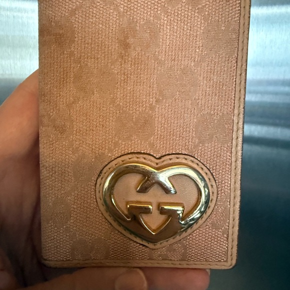 Gucci Beige Card Holder with Gold Heart Emblem